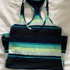 Racerback striped Lululemon top. Navy, blue, green, and white.